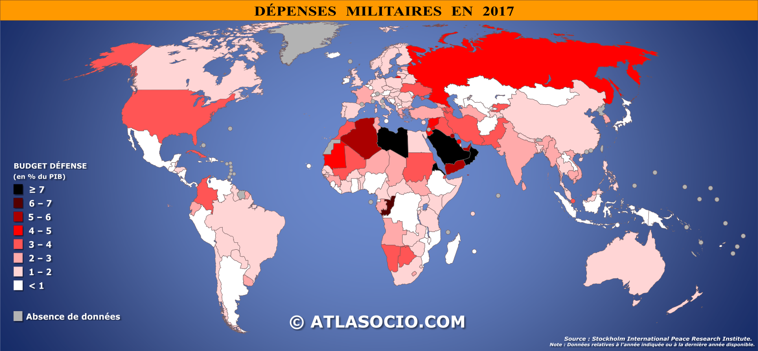 Carte du monde : dépenses militaires (% du PIB)