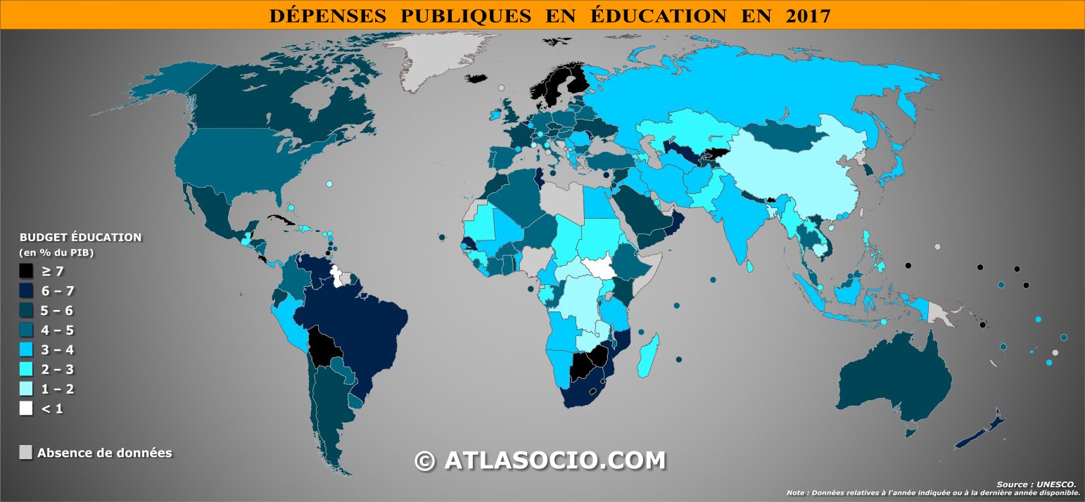 Carte du monde : dépenses en éducation (% du PIB)