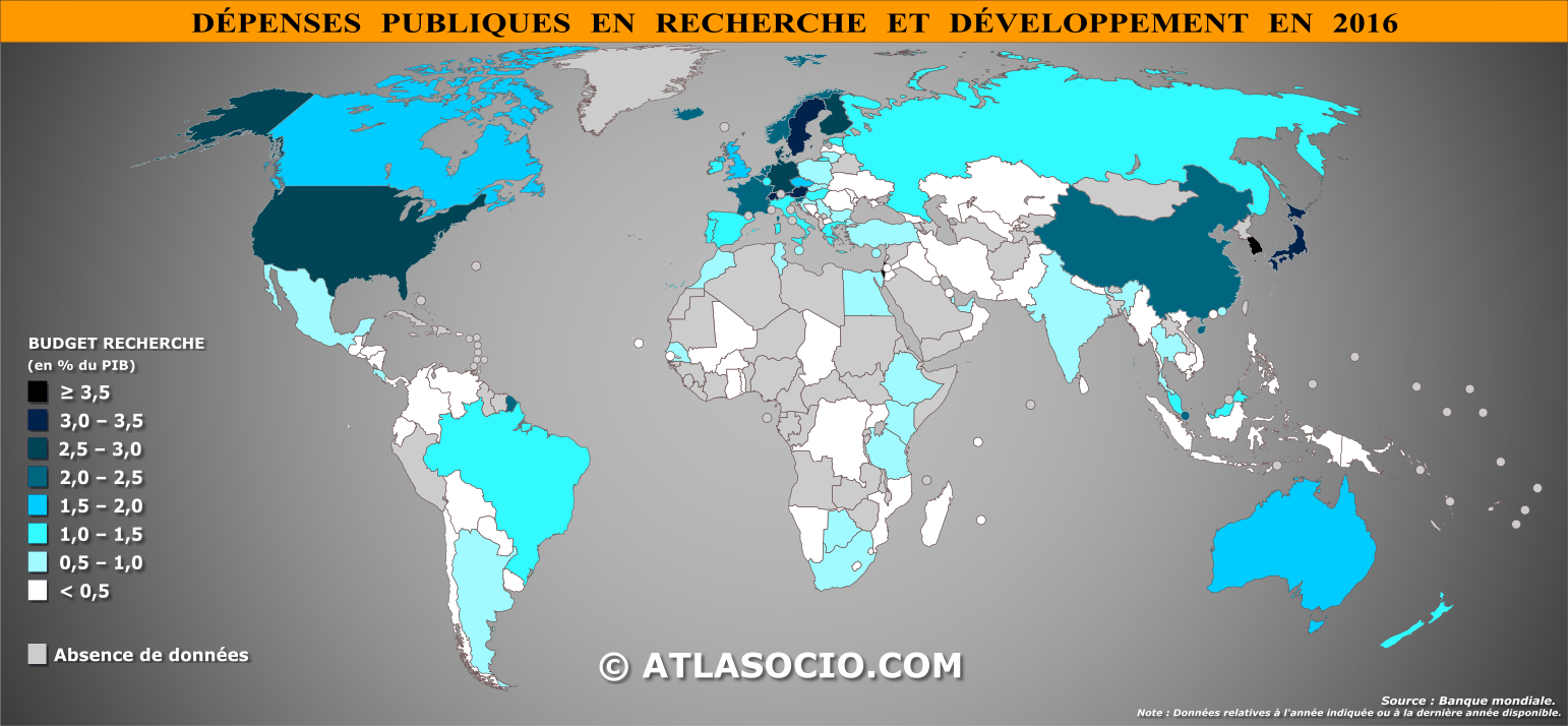 Carte du monde : dépenses en recherche et développement (% du PIB)